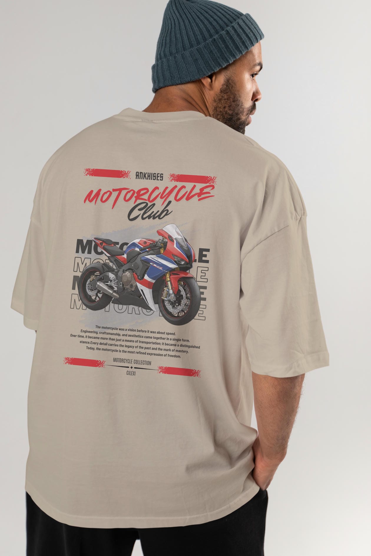 Motosiklet Serisi 3 Arka Baskılı Oversize t-shirt Erkek Kadın %100 Pamuk Bisiklet Yaka tişort