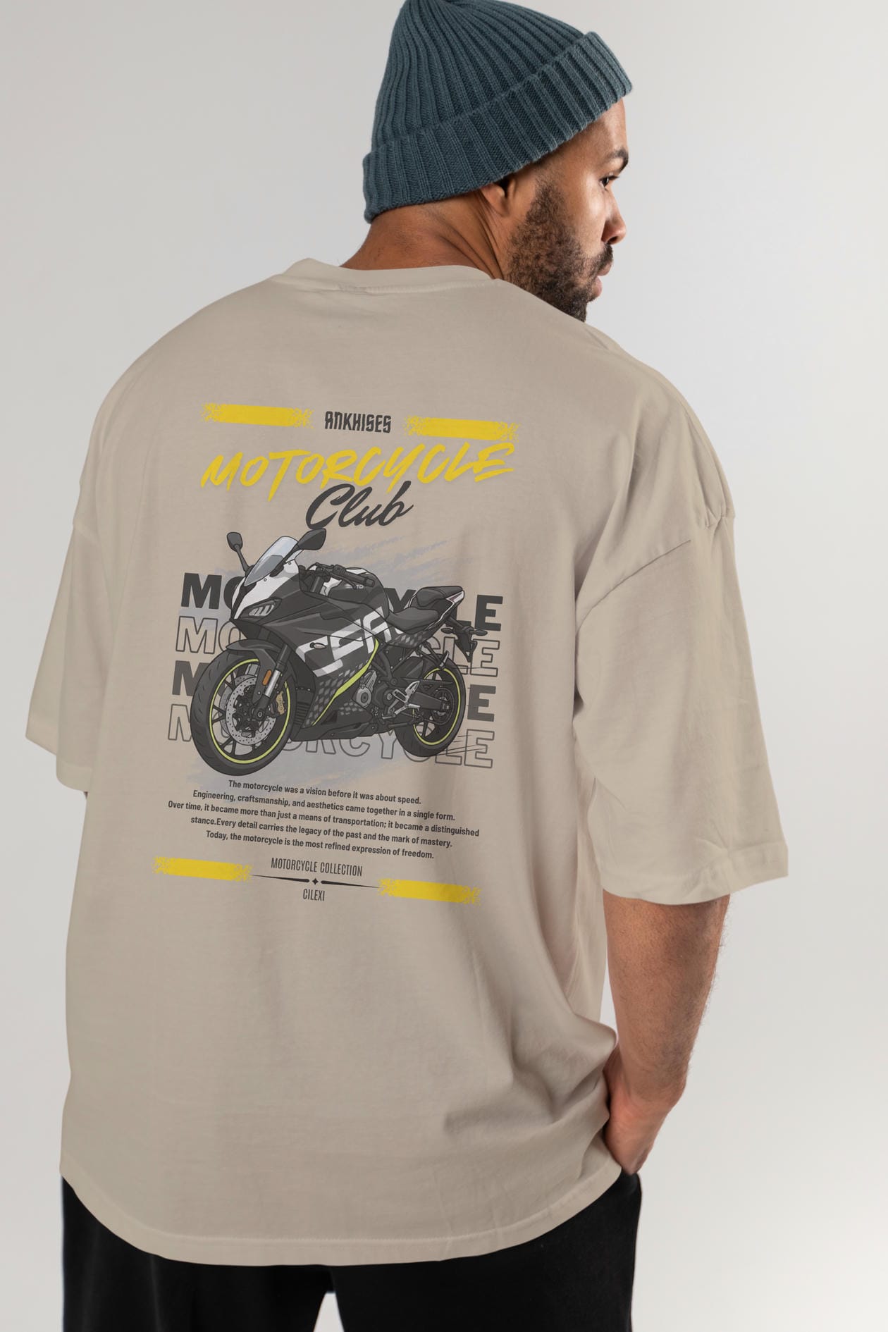 Motosiklet Serisi 16 Arka Baskılı Oversize t-shirt Erkek Kadın %100 Pamuk Bisiklet Yaka tişort