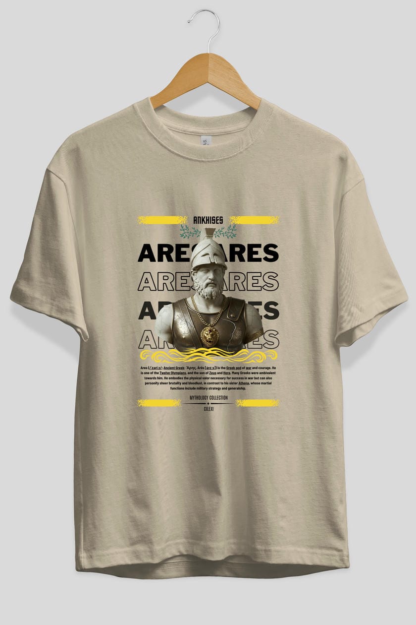 Ares 2 ön Baskılı Oversize t-shirt Erkek Kadın %100 Pamuk Bisiklet Yaka tişort