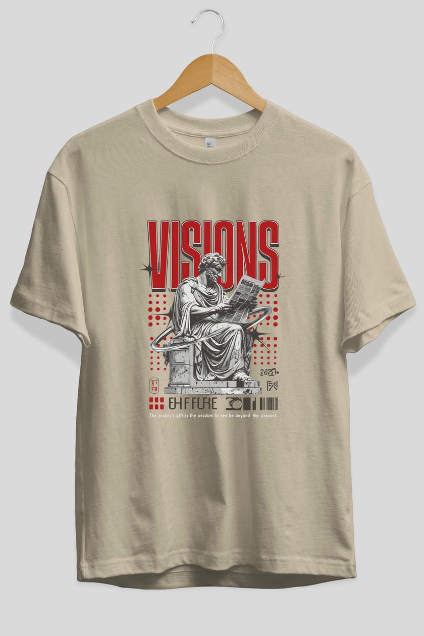 Visions ön Baskılı Oversize t-shirt Erkek Kadın %100 Pamuk Bisiklet Yaka tişort