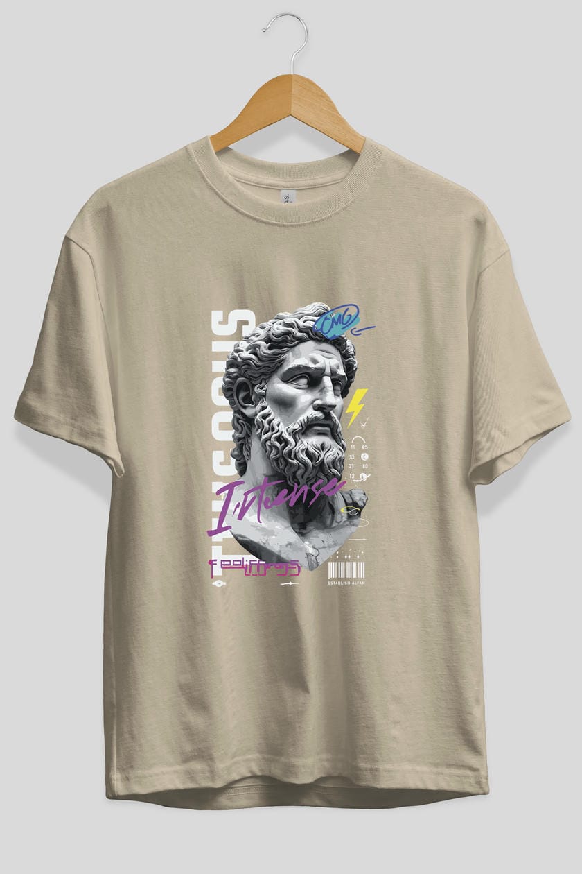 Zeus Intense ön Baskılı Oversize t-shirt Erkek Kadın %100 Pamuk Bisiklet Yaka tişort