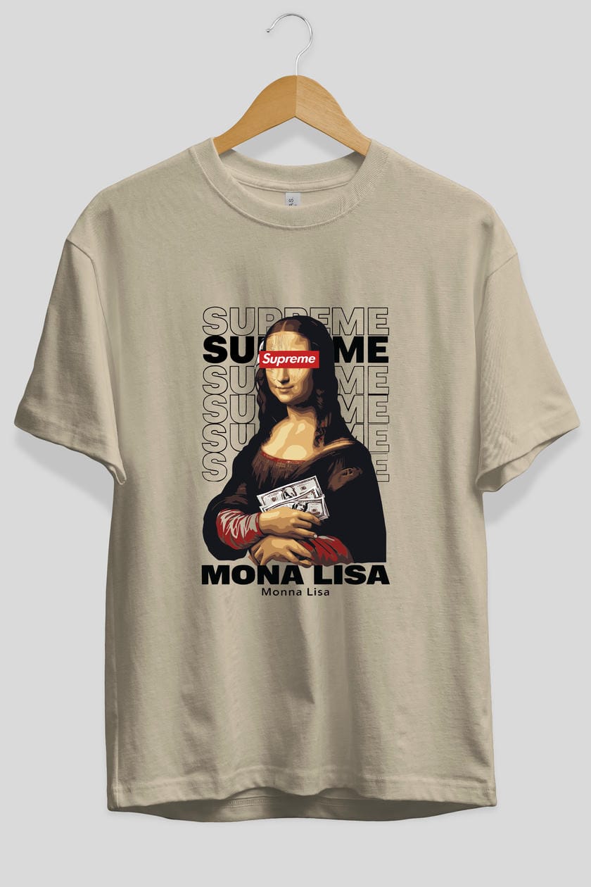 Mona Lisa Supreme ön Baskılı Oversize t-shirt Erkek Kadın %100 Pamuk Bisiklet Yaka tişort
