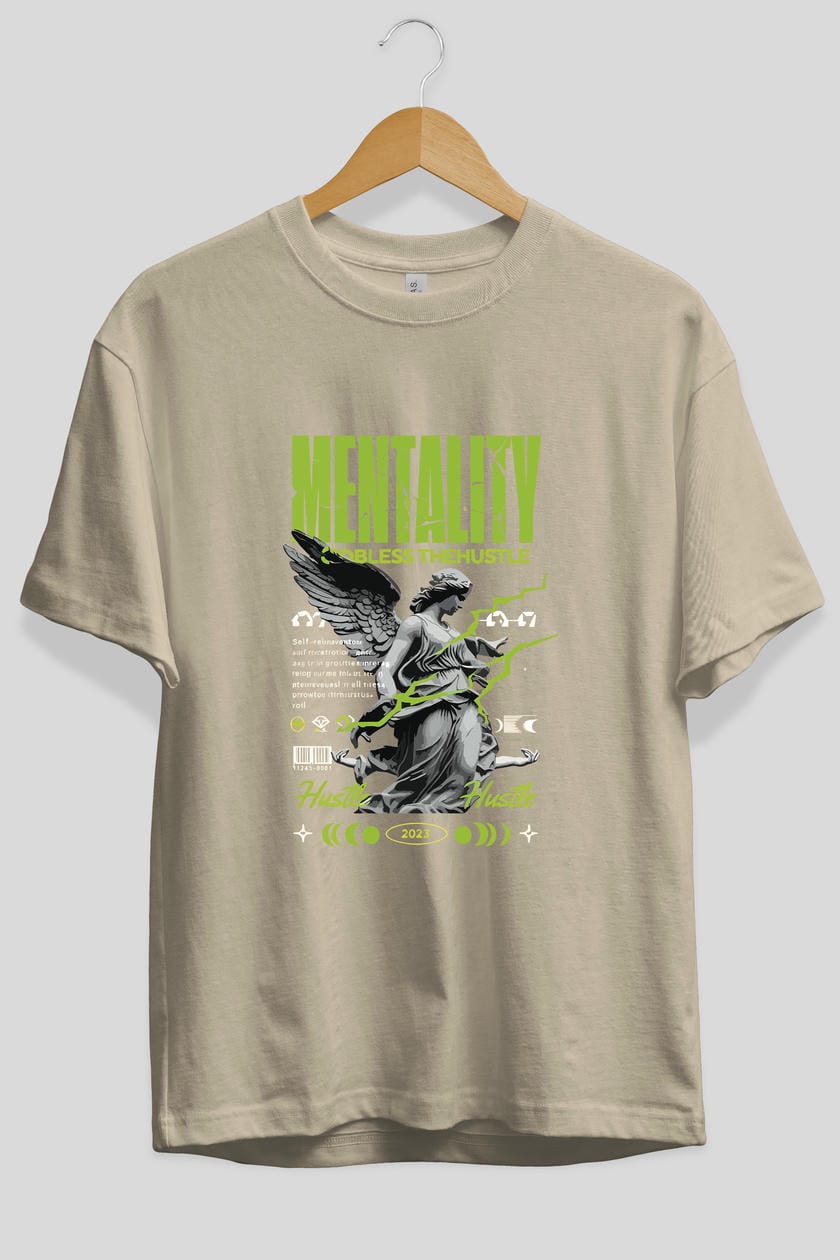 Mentality ön Baskılı Oversize t-shirt Erkek Kadın %100 Pamuk Bisiklet Yaka tişort