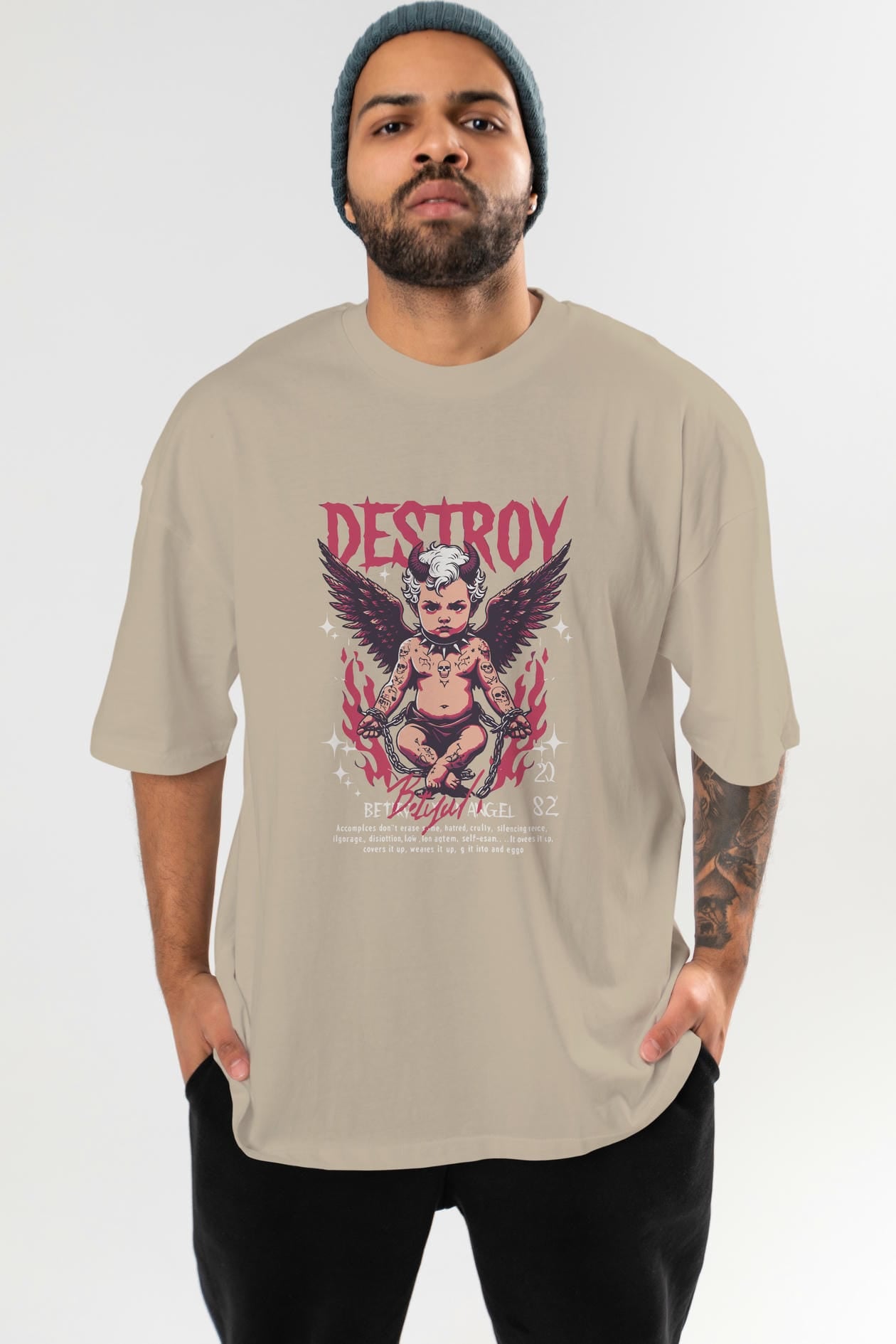 Destroy ön Baskılı Oversize t-shirt Erkek Kadın %100 Pamuk Bisiklet Yaka tişort
