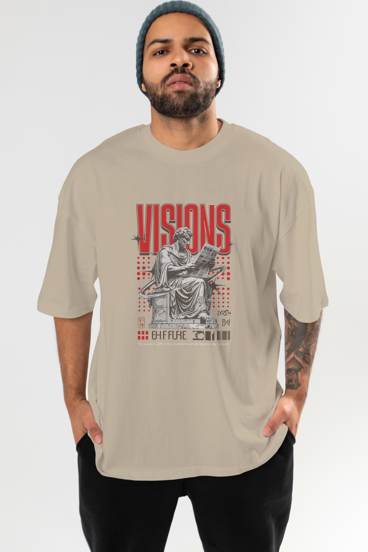 Visions ön Baskılı Oversize t-shirt Erkek Kadın %100 Pamuk Bisiklet Yaka tişort