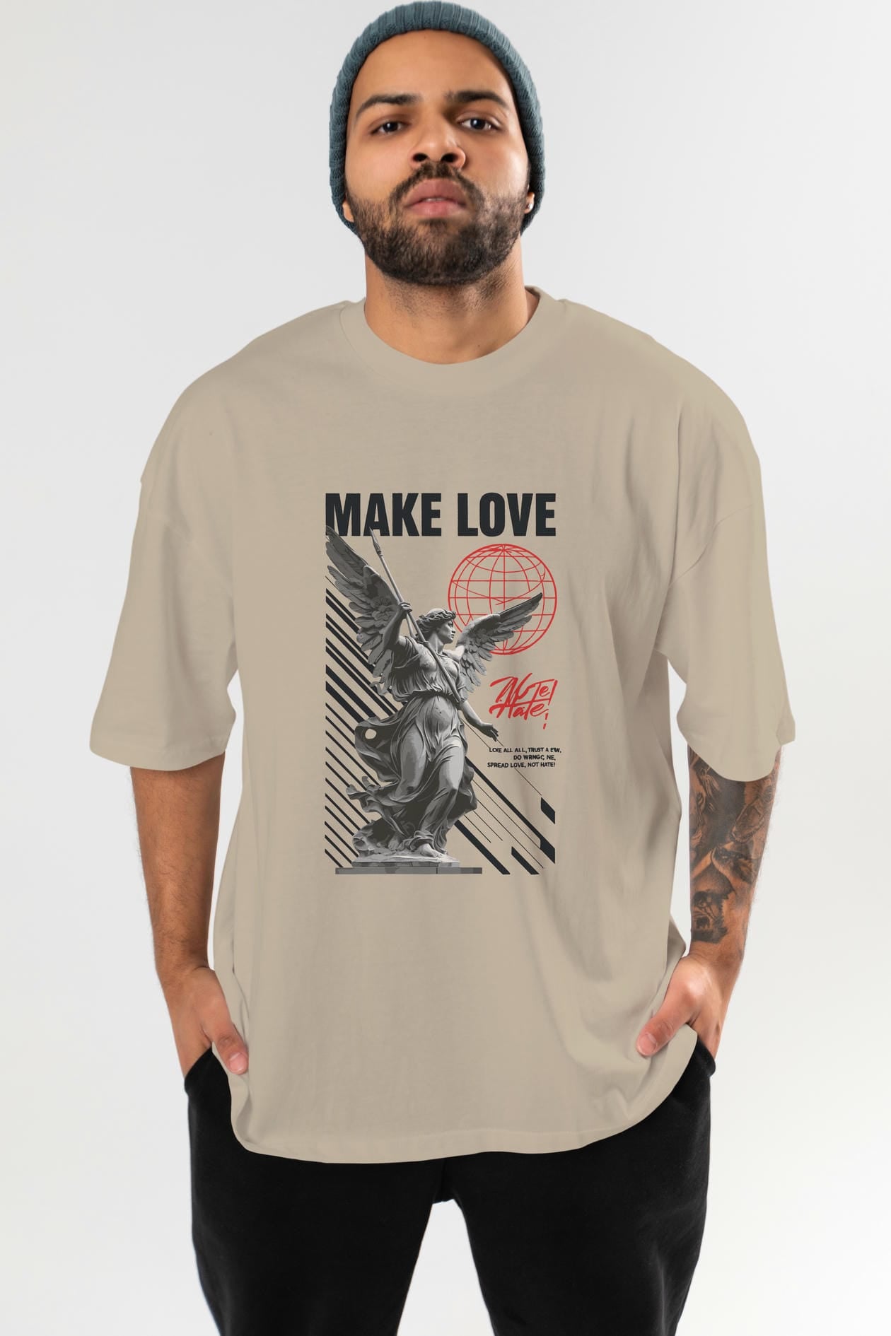 Make Love ön Baskılı Oversize t-shirt Erkek Kadın %100 Pamuk Bisiklet Yaka tişort