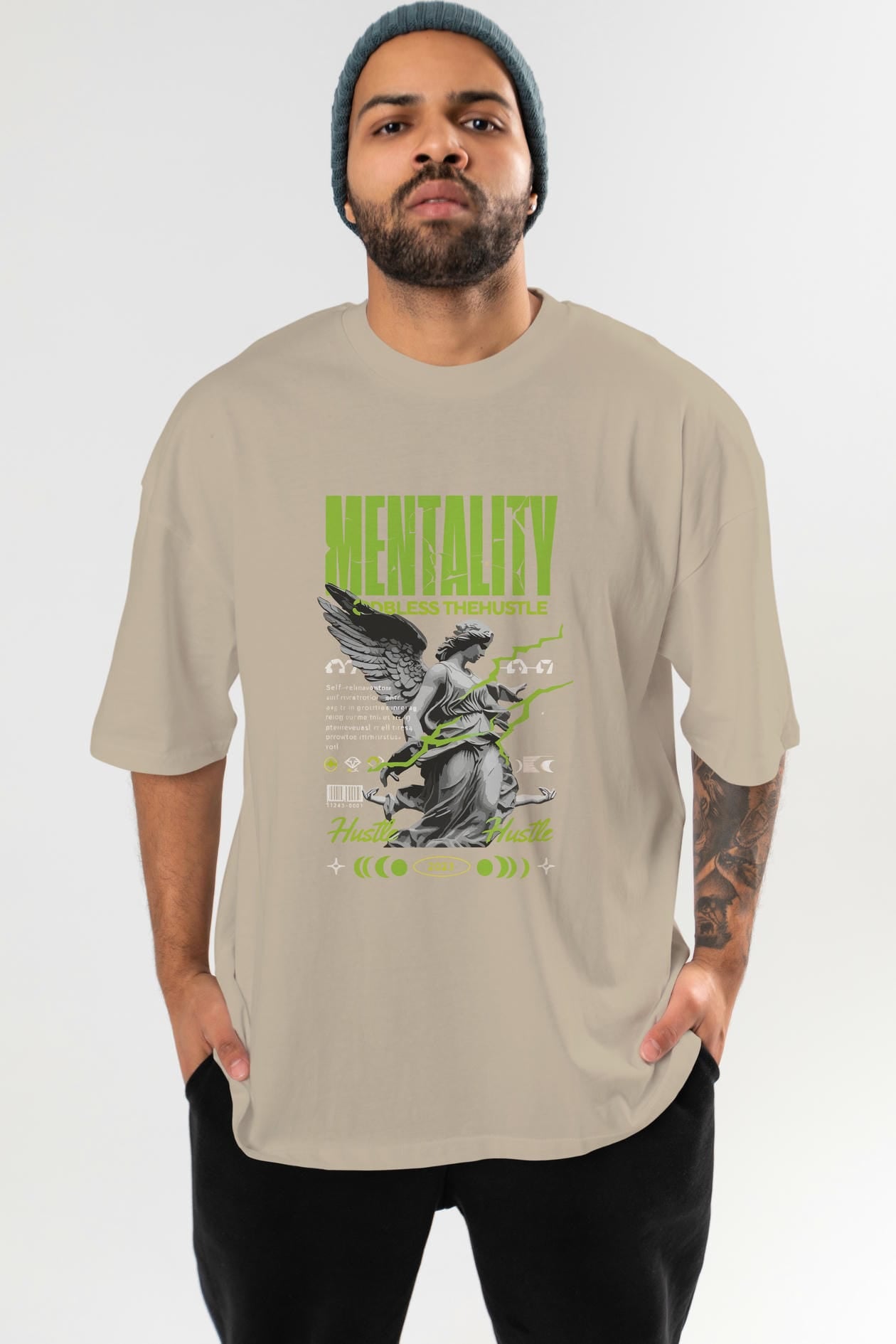 Mentality ön Baskılı Oversize t-shirt Erkek Kadın %100 Pamuk Bisiklet Yaka tişort