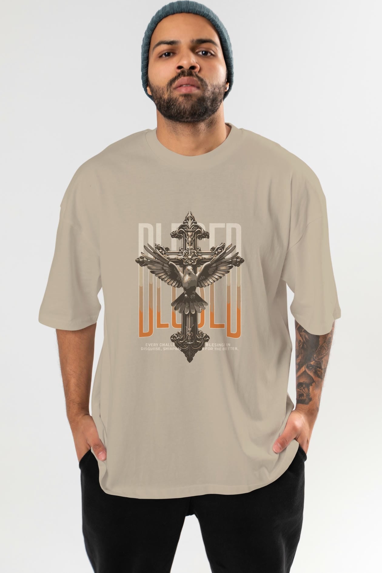 Blesed ön Baskılı Oversize t-shirt Erkek Kadın %100 Pamuk Bisiklet Yaka tişort