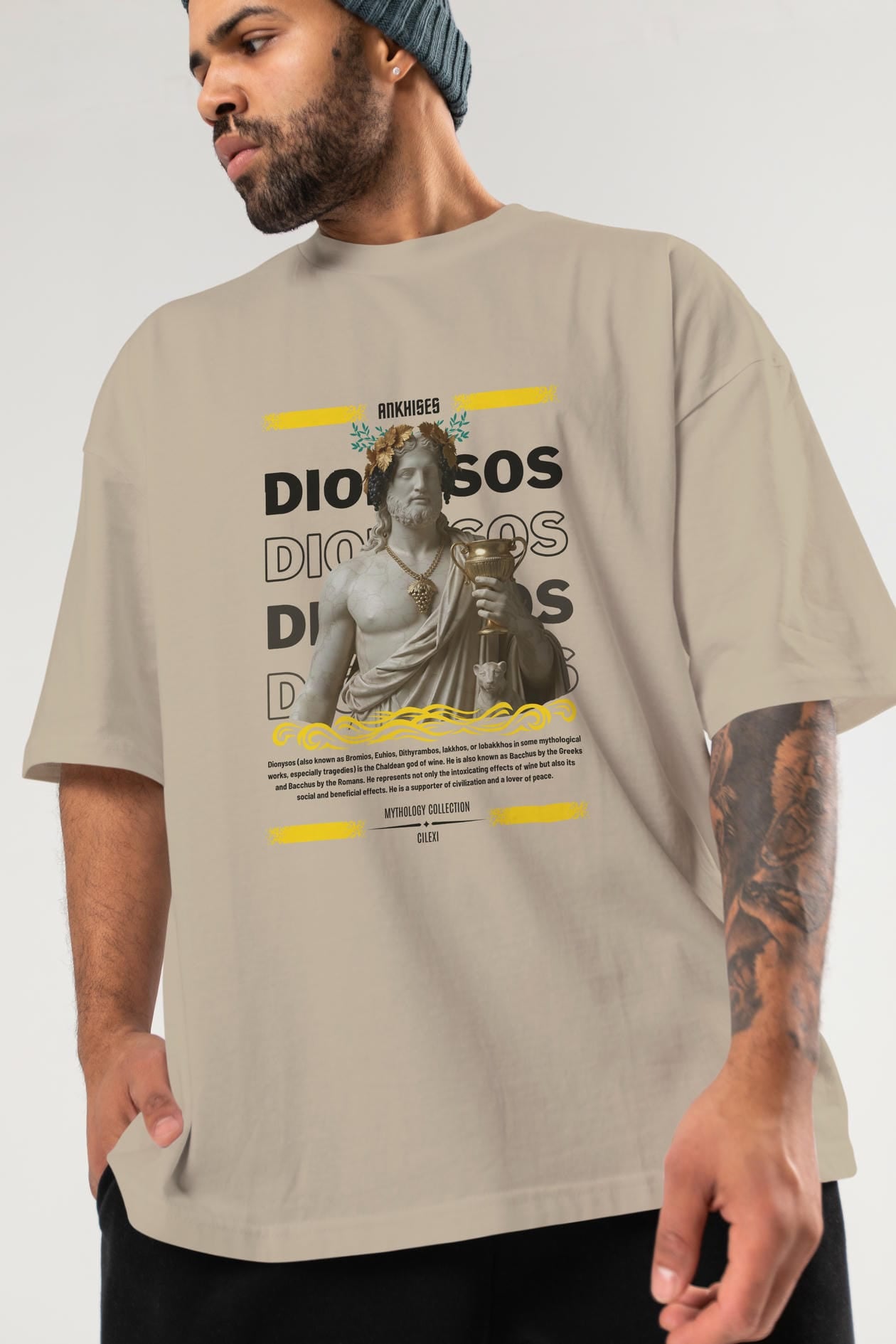 Dionysos 2 ön Baskılı Oversize t-shirt Erkek Kadın %100 Pamuk Bisiklet Yaka tişort