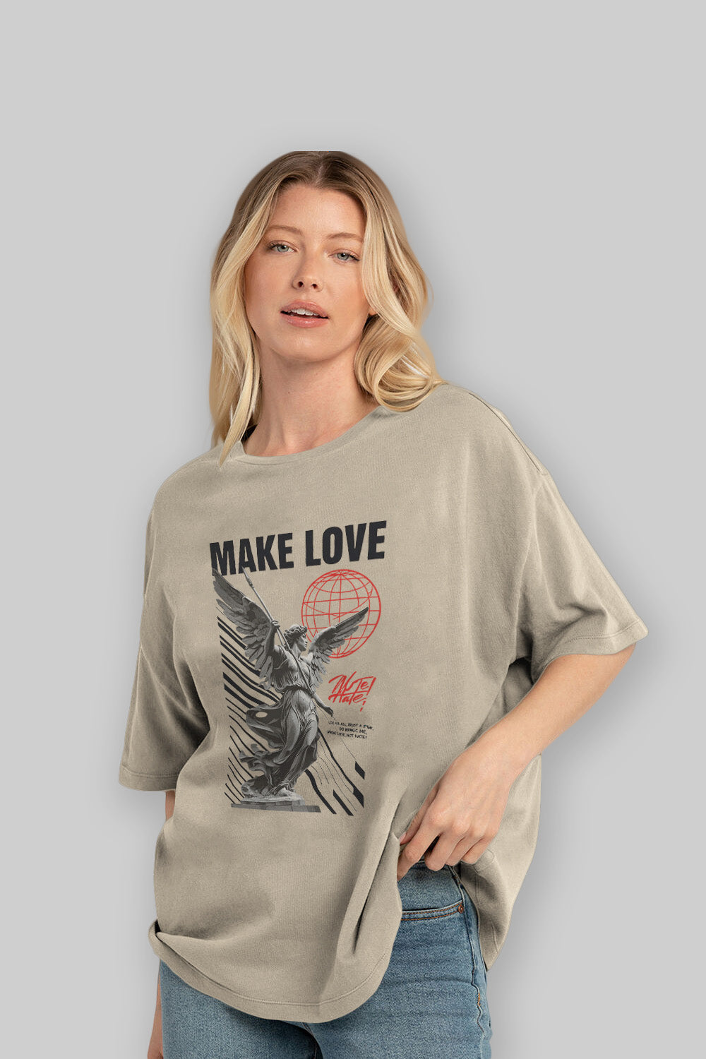 Make Love ön Baskılı Oversize t-shirt Erkek Kadın %100 Pamuk Bisiklet Yaka tişort
