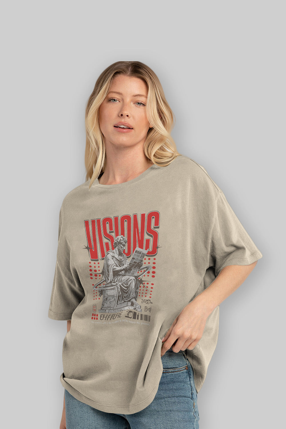 Visions ön Baskılı Oversize t-shirt Erkek Kadın %100 Pamuk Bisiklet Yaka tişort