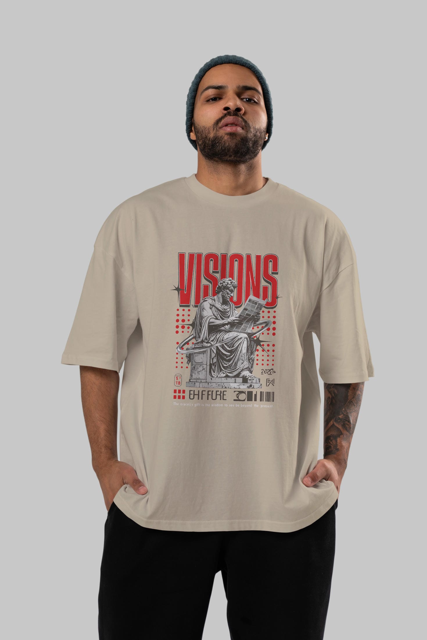 Visions ön Baskılı Oversize t-shirt Erkek Kadın %100 Pamuk Bisiklet Yaka tişort