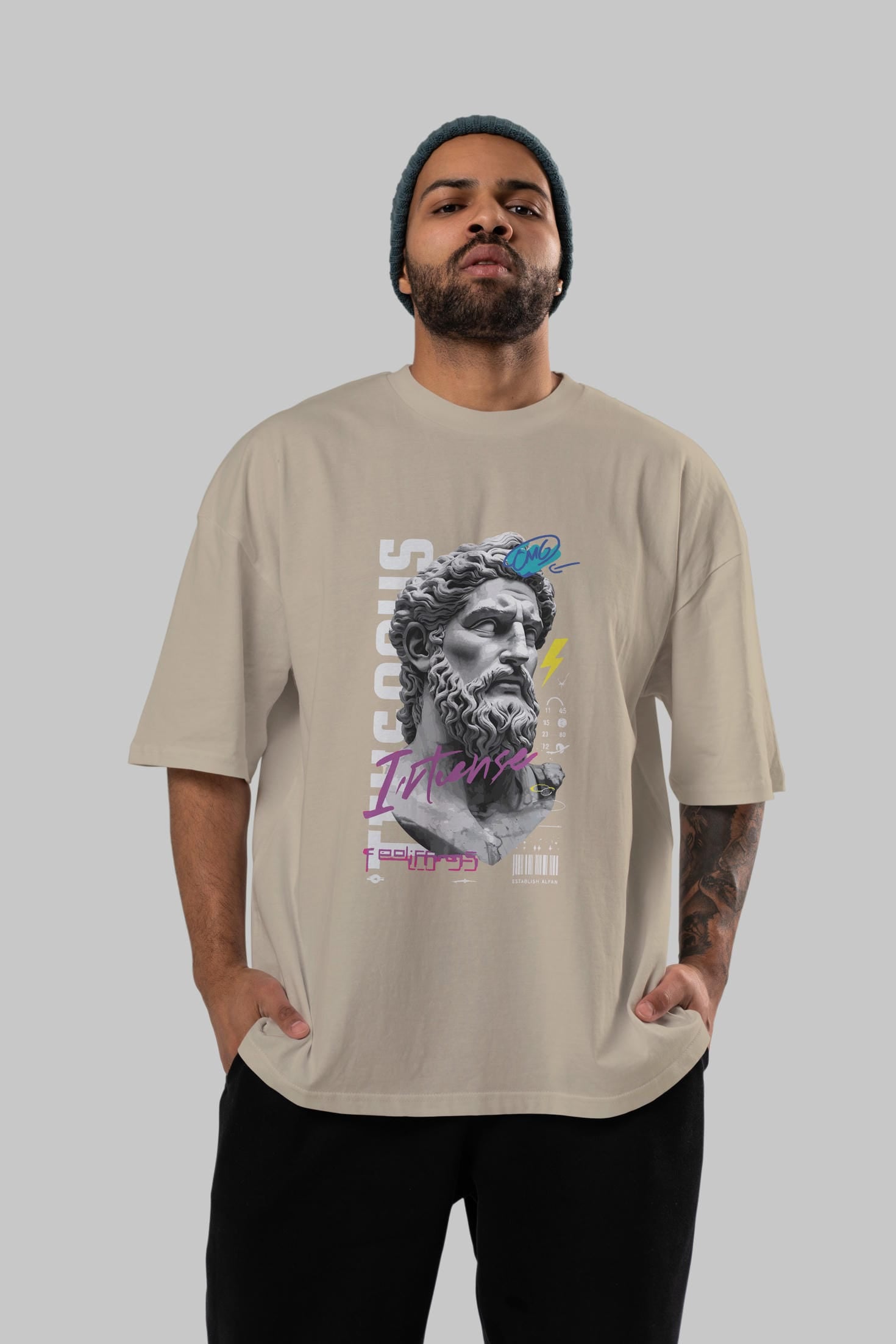 Zeus Intense ön Baskılı Oversize t-shirt Erkek Kadın %100 Pamuk Bisiklet Yaka tişort