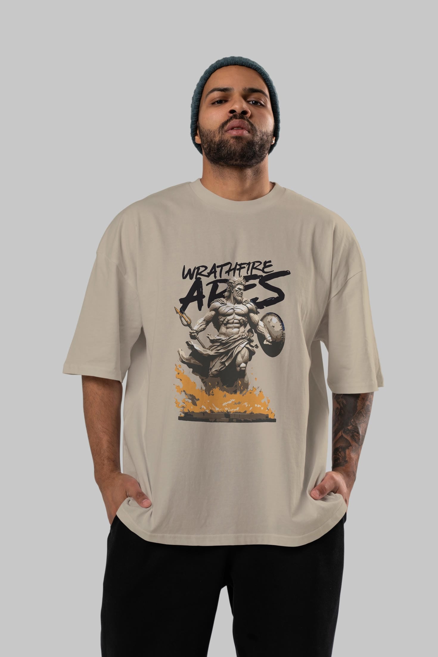 WrathFire Ares ön Baskılı Oversize t-shirt Erkek Kadın %100 Pamuk Bisiklet Yaka tişort