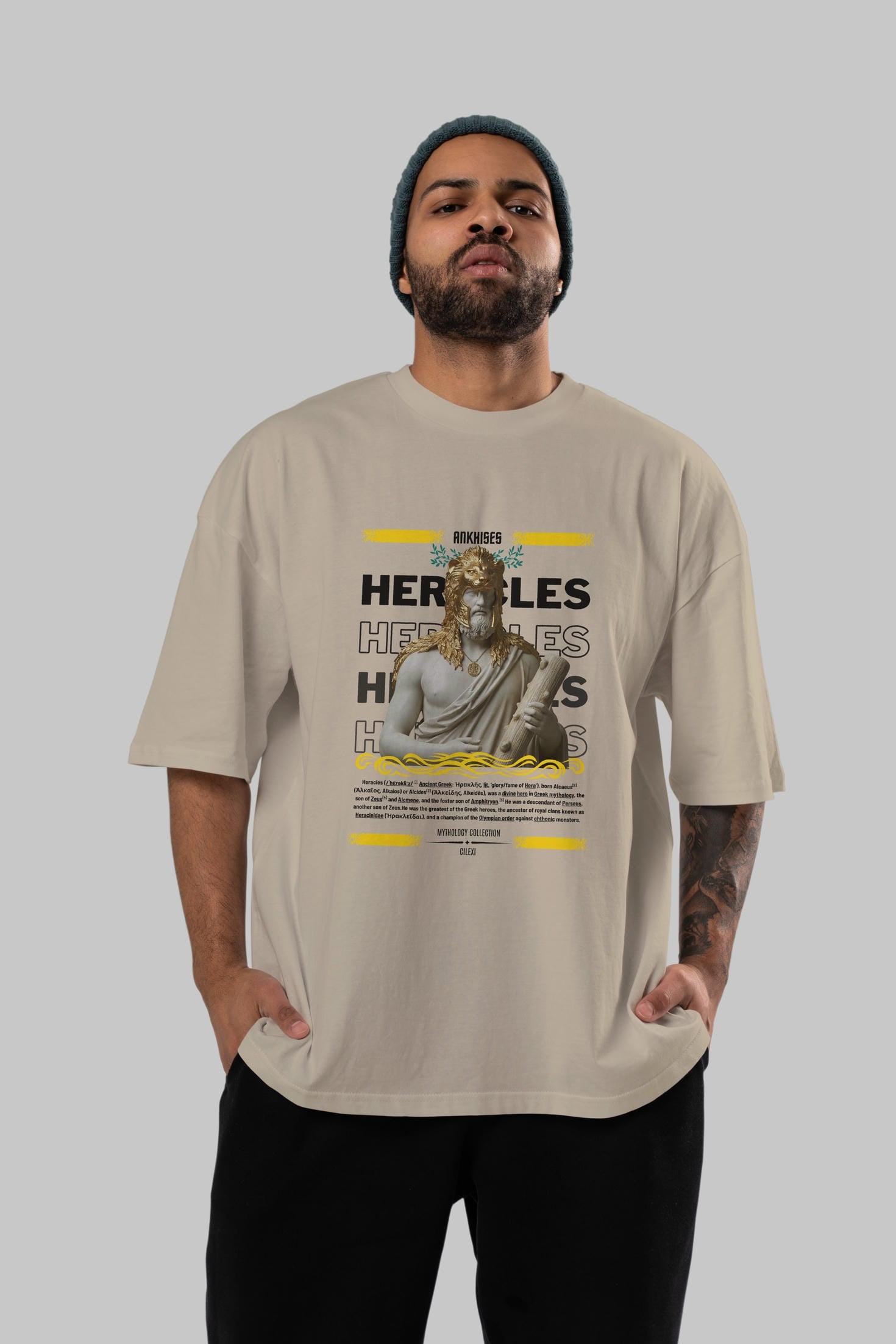 Heracles 1 ön Baskılı Oversize t-shirt Erkek Kadın %100 Pamuk Bisiklet Yaka tişort