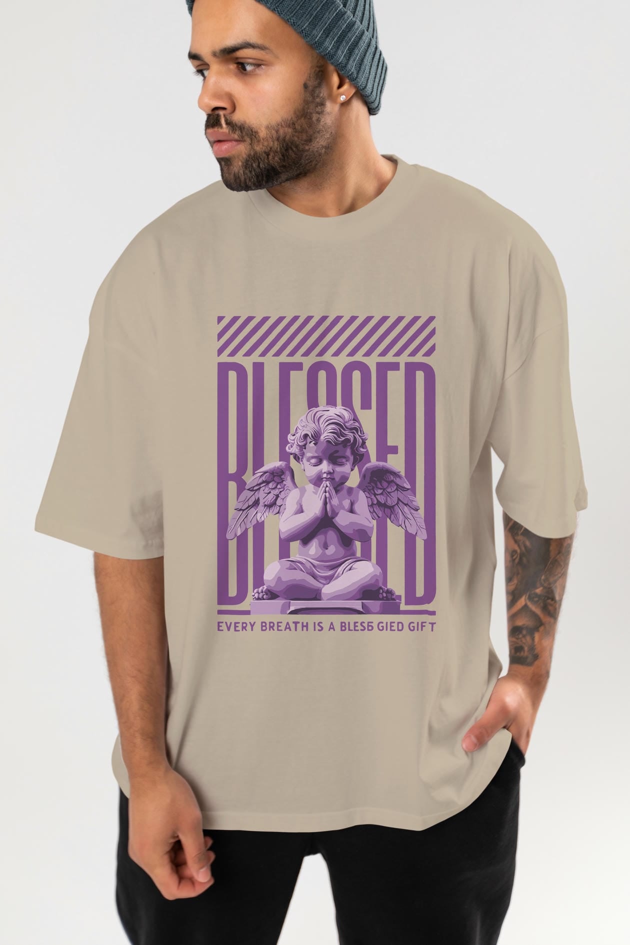Blessed ön Baskılı Oversize t-shirt Erkek Kadın %100 Pamuk Bisiklet Yaka tişort