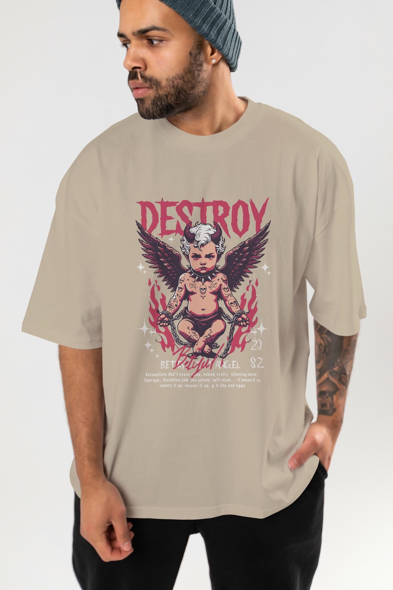 Destroy ön Baskılı Oversize t-shirt Erkek Kadın %100 Pamuk Bisiklet Yaka tişort