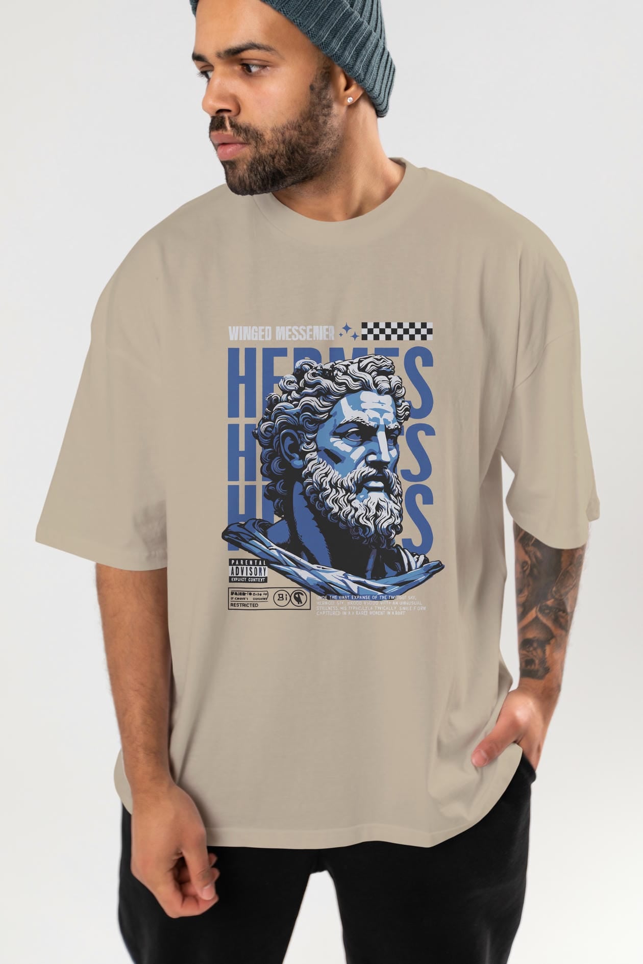 Hermes 1 ön Baskılı Oversize t-shirt Erkek Kadın %100 Pamuk Bisiklet Yaka tişort