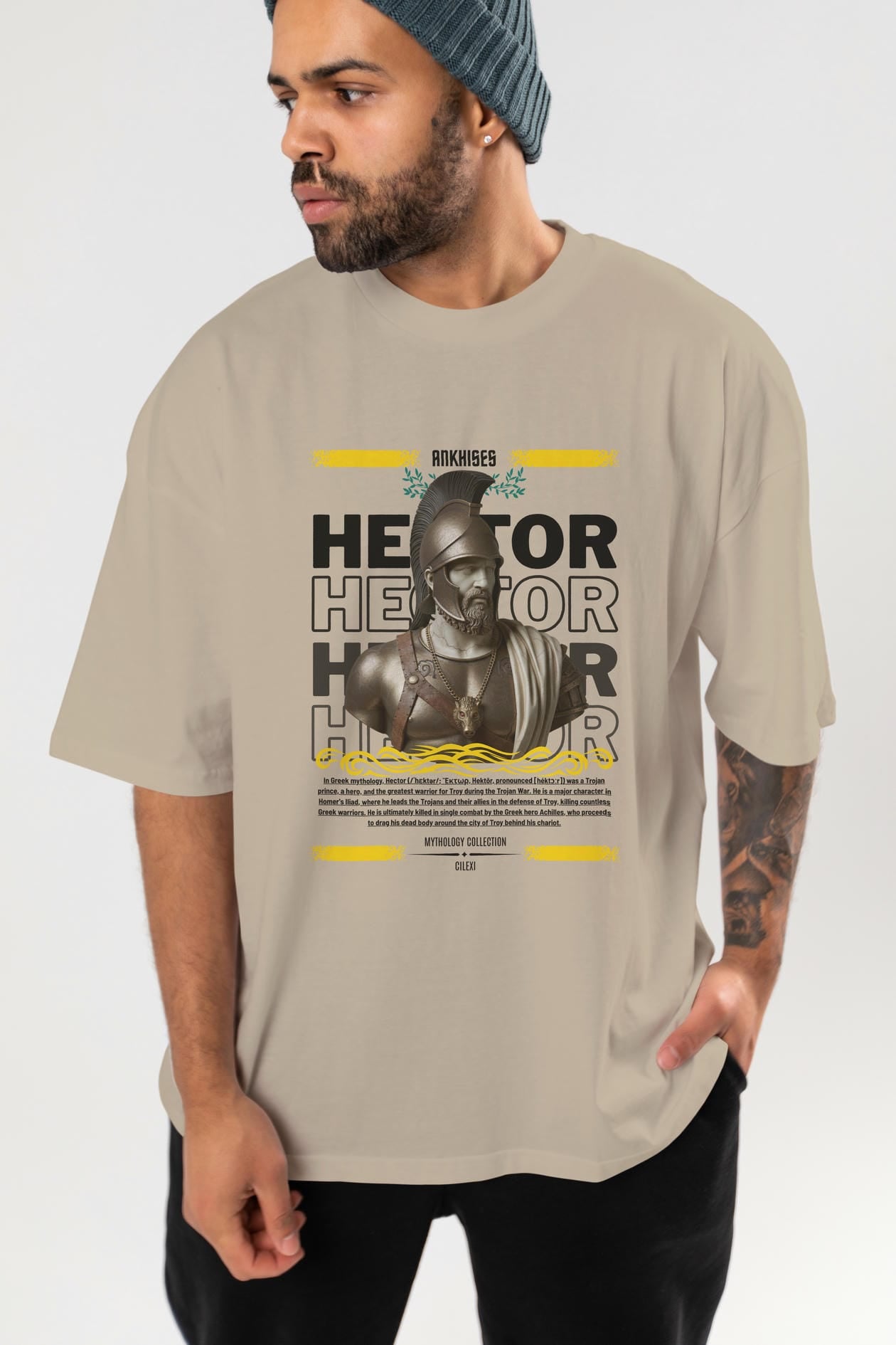 Hector 2 ön Baskılı Oversize t-shirt Erkek Kadın %100 Pamuk Bisiklet Yaka tişort