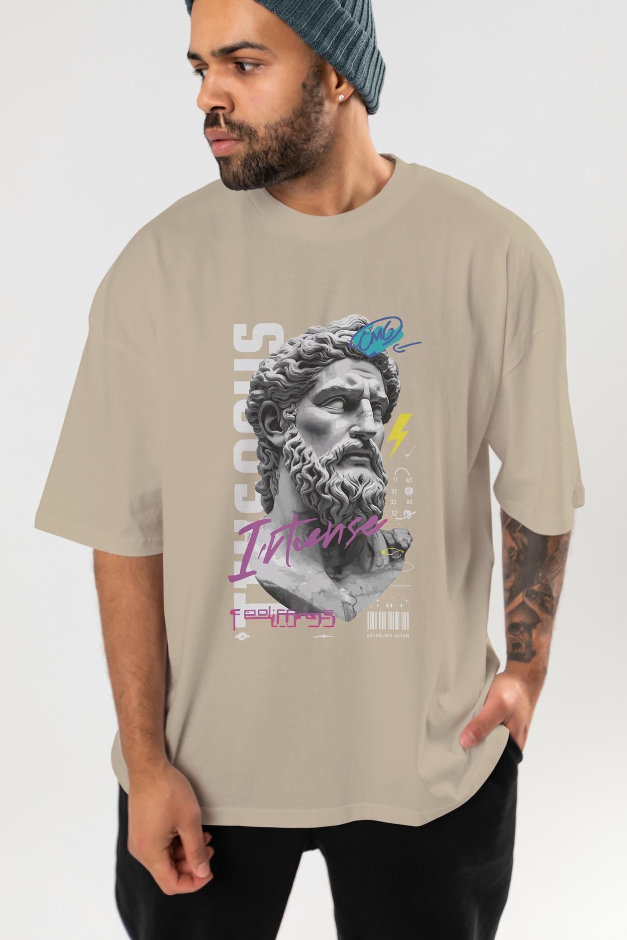 Zeus Intense ön Baskılı Oversize t-shirt Erkek Kadın %100 Pamuk Bisiklet Yaka tişort