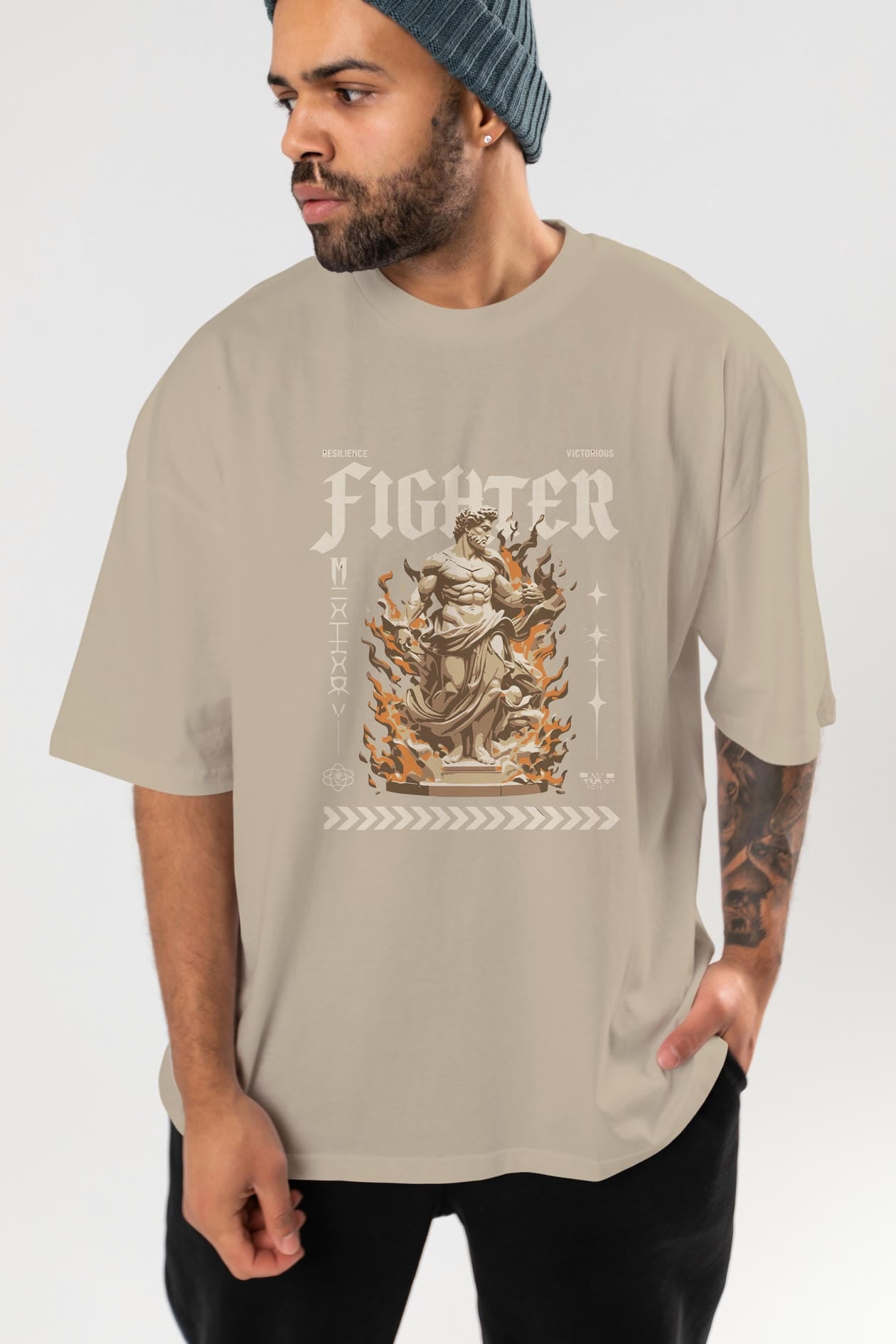 Fighter ön Baskılı Oversize t-shirt Erkek Kadın %100 Pamuk Bisiklet Yaka tişort