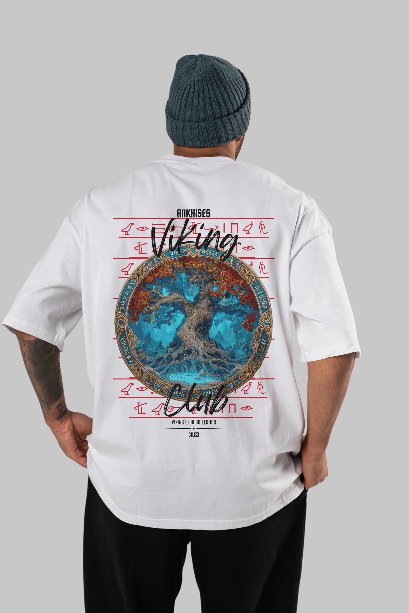 Yggdrasil Arka Baskılı Oversize t-shirt Erkek Kadın %100 Pamuk Bisiklet Yaka tişort