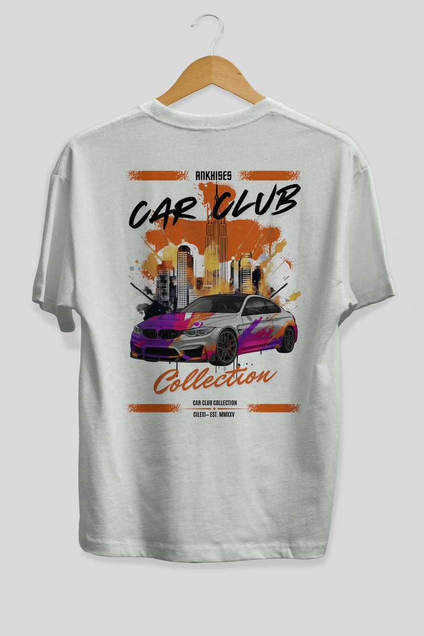 Araba Club Serisi 14 Baskılı Oversize t-shirt Erkek Kadın %100 Pamuk Bisiklet Yaka tişort