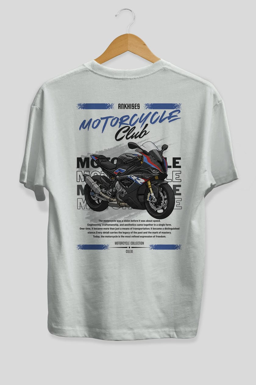 Motosiklet Serisi 2 Arka Baskılı Oversize t-shirt Erkek Kadın %100 Pamuk Bisiklet Yaka tişort