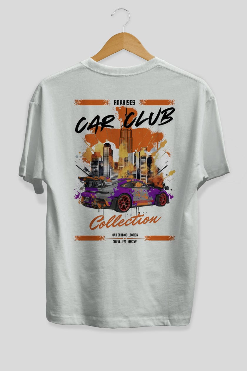 Araba Club Serisi 5 Baskılı Oversize t-shirt Erkek Kadın %100 Pamuk Bisiklet Yaka tişort