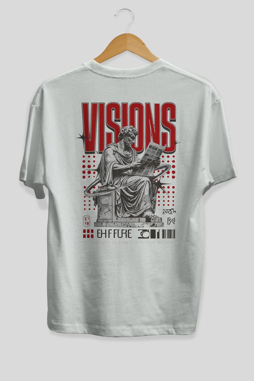 Visions Arka Baskılı Oversize t-shirt Erkek Kadın %100 Pamuk Bisiklet Yaka tişort