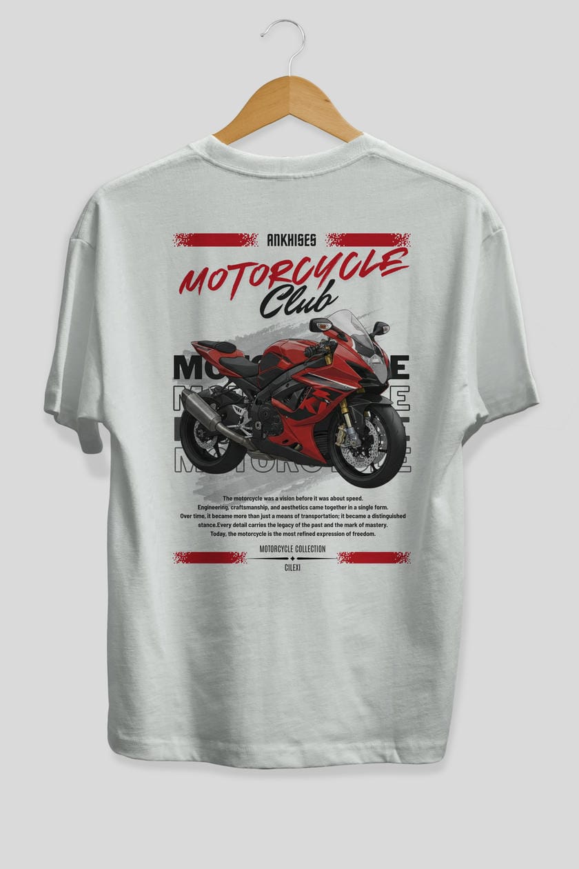 Motosiklet Serisi 5 Arka Baskılı Oversize t-shirt Erkek Kadın %100 Pamuk Bisiklet Yaka tişort