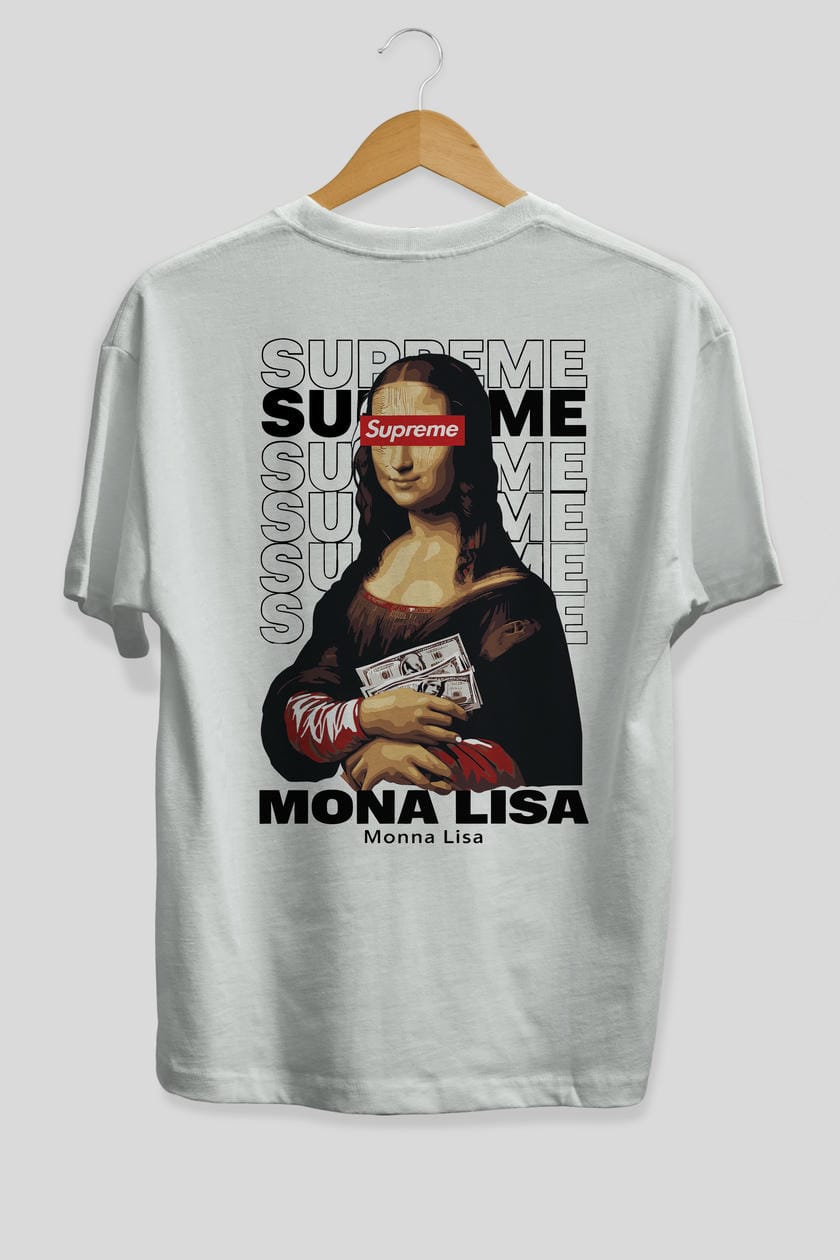 Mona Lisa Supreme Arka Baskılı Oversize t-shirt Erkek Kadın %100 Pamuk Bisiklet Yaka tişort