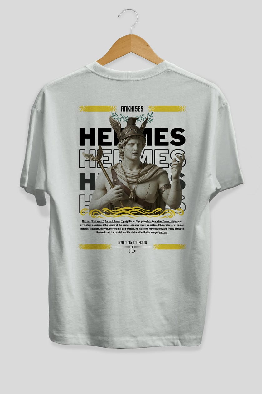 Hermes 1 Arka Baskılı Oversize t-shirt Erkek Kadın %100 Pamuk Bisiklet Yaka tişort