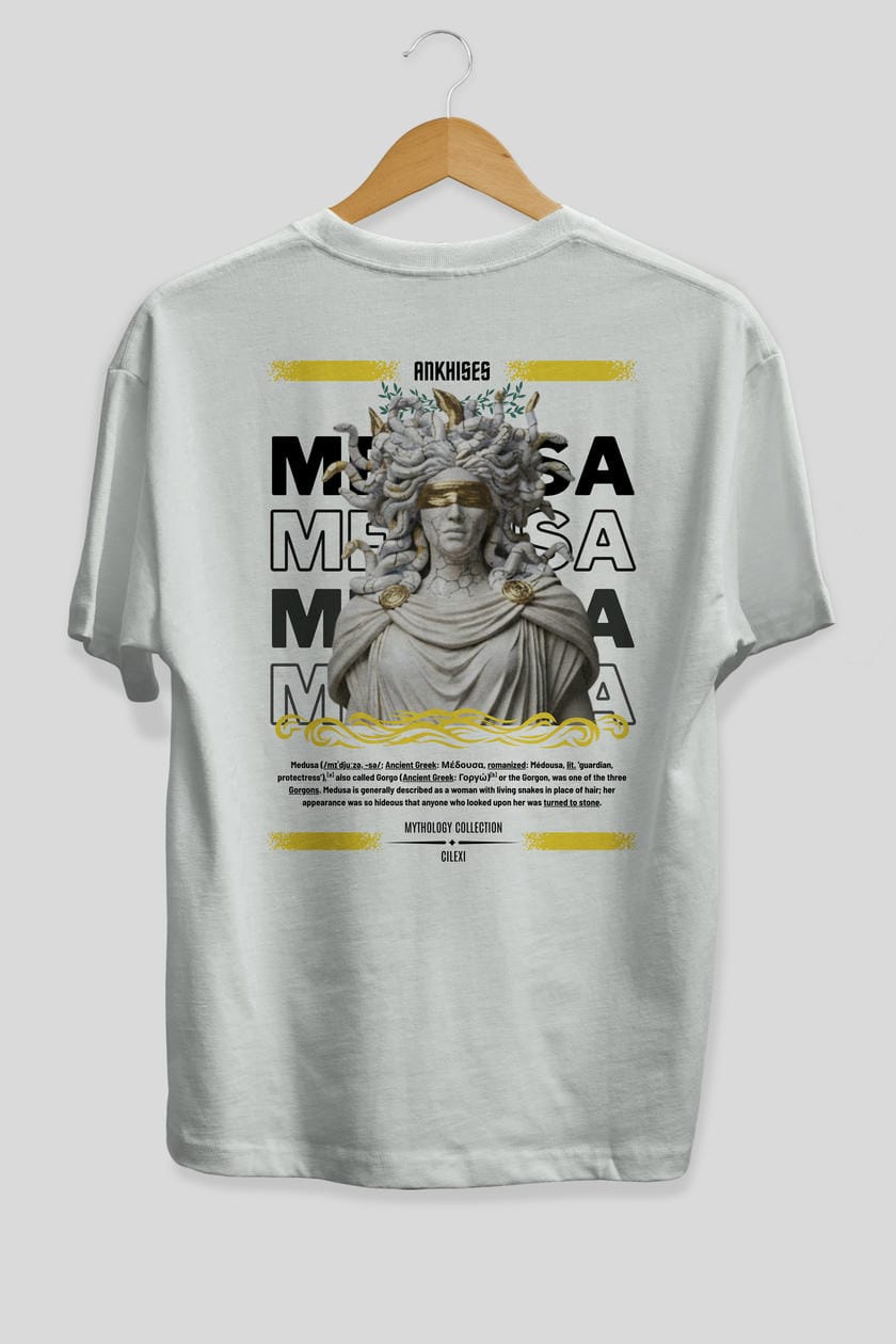 Medusa 2 Arka Baskılı Oversize t-shirt Erkek Kadın %100 Pamuk Bisiklet Yaka tişort