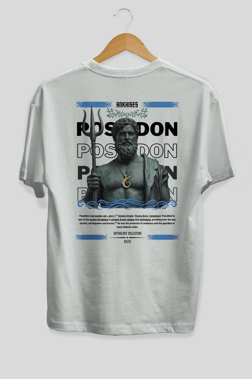 Poseidon 1 Arka Baskılı Oversize t-shirt Erkek Kadın %100 Pamuk Bisiklet Yaka tişort