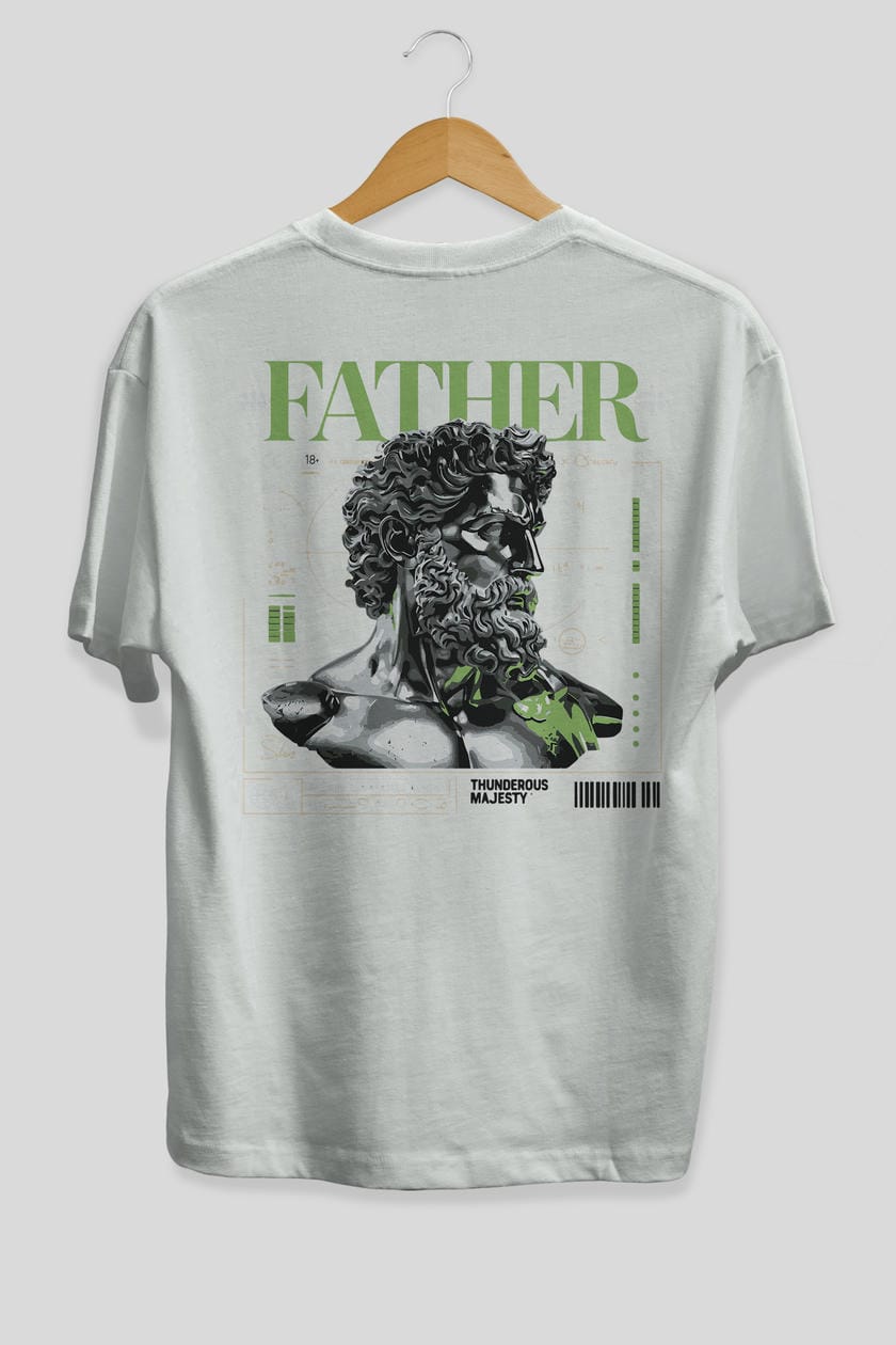 Father Zeus Arka Baskılı Oversize t-shirt Erkek Kadın %100 Pamuk Bisiklet Yaka tişort