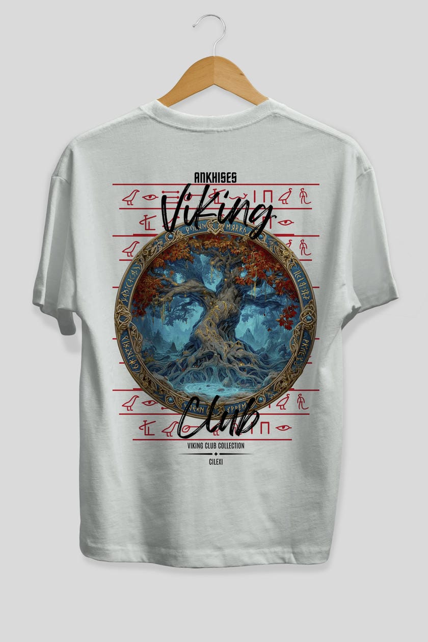Yggdrasil Arka Baskılı Oversize t-shirt Erkek Kadın %100 Pamuk Bisiklet Yaka tişort