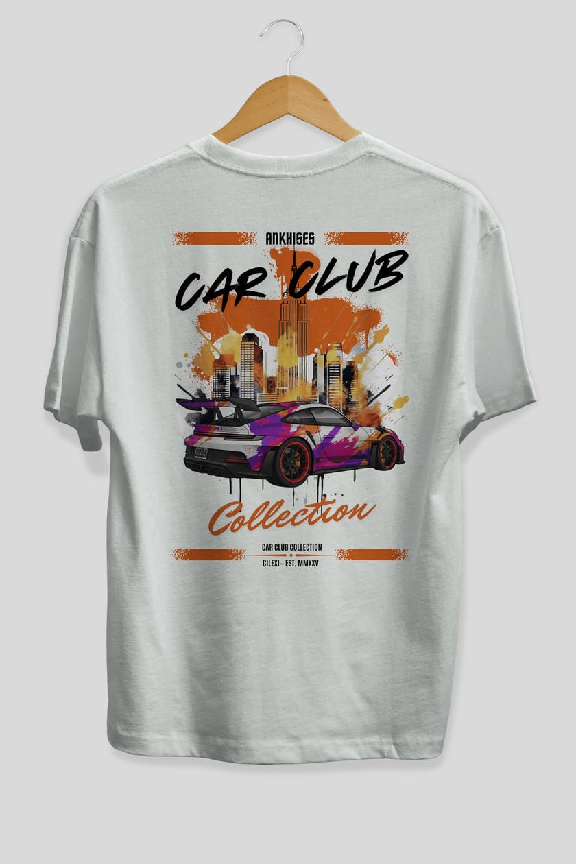 Araba Club Serisi 34 Baskılı Oversize t-shirt Erkek Kadın %100 Pamuk Bisiklet Yaka tişort