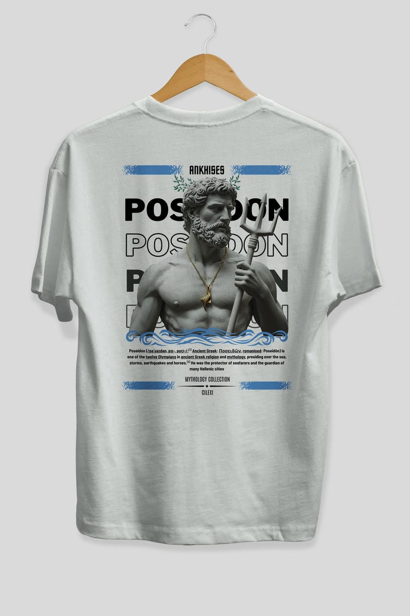 Poseidon 3 Arka Baskılı Oversize t-shirt Erkek Kadın %100 Pamuk Bisiklet Yaka tişort