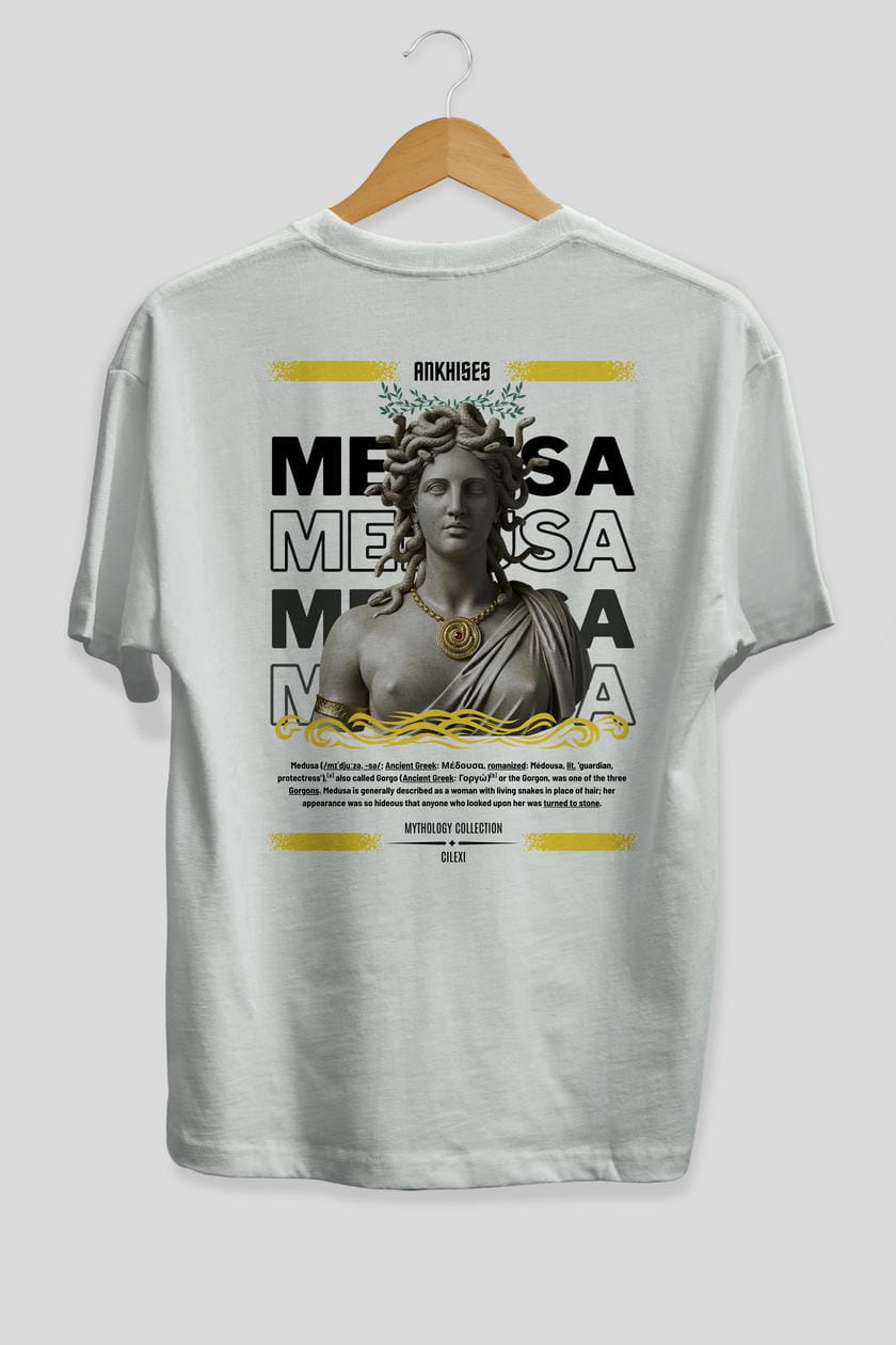 Medusa 4 Arka Baskılı Oversize t-shirt Erkek Kadın %100 Pamuk Bisiklet Yaka tişort