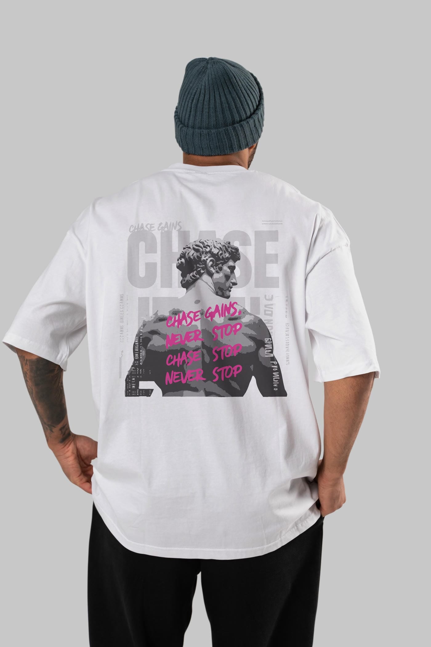 Chase Gains Arka Baskılı Oversize t-shirt Erkek Kadın %100 Pamuk Bisiklet Yaka tişort