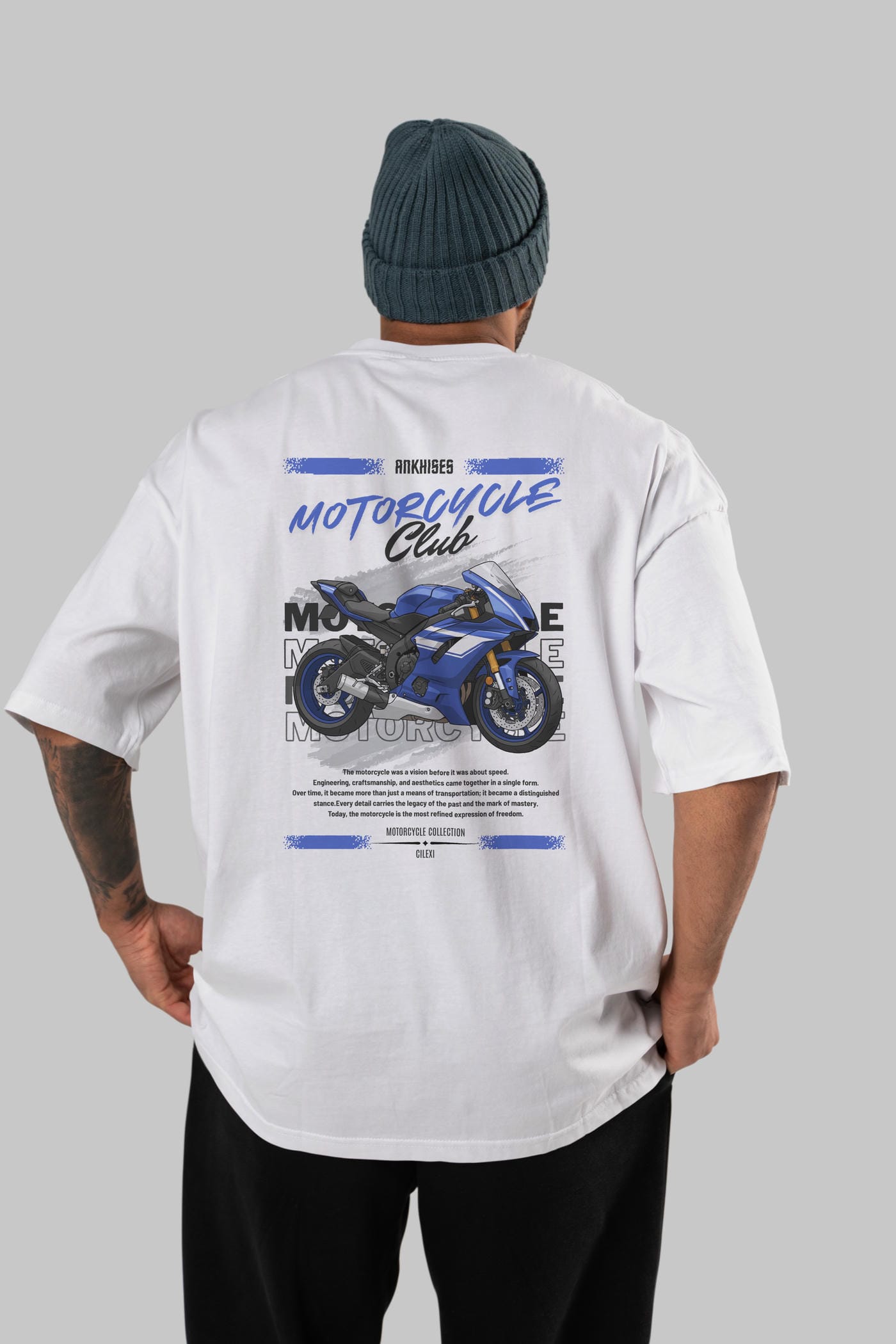 Motosiklet Serisi 32 Arka Baskılı Oversize t-shirt Erkek Kadın %100 Pamuk Bisiklet Yaka tişort
