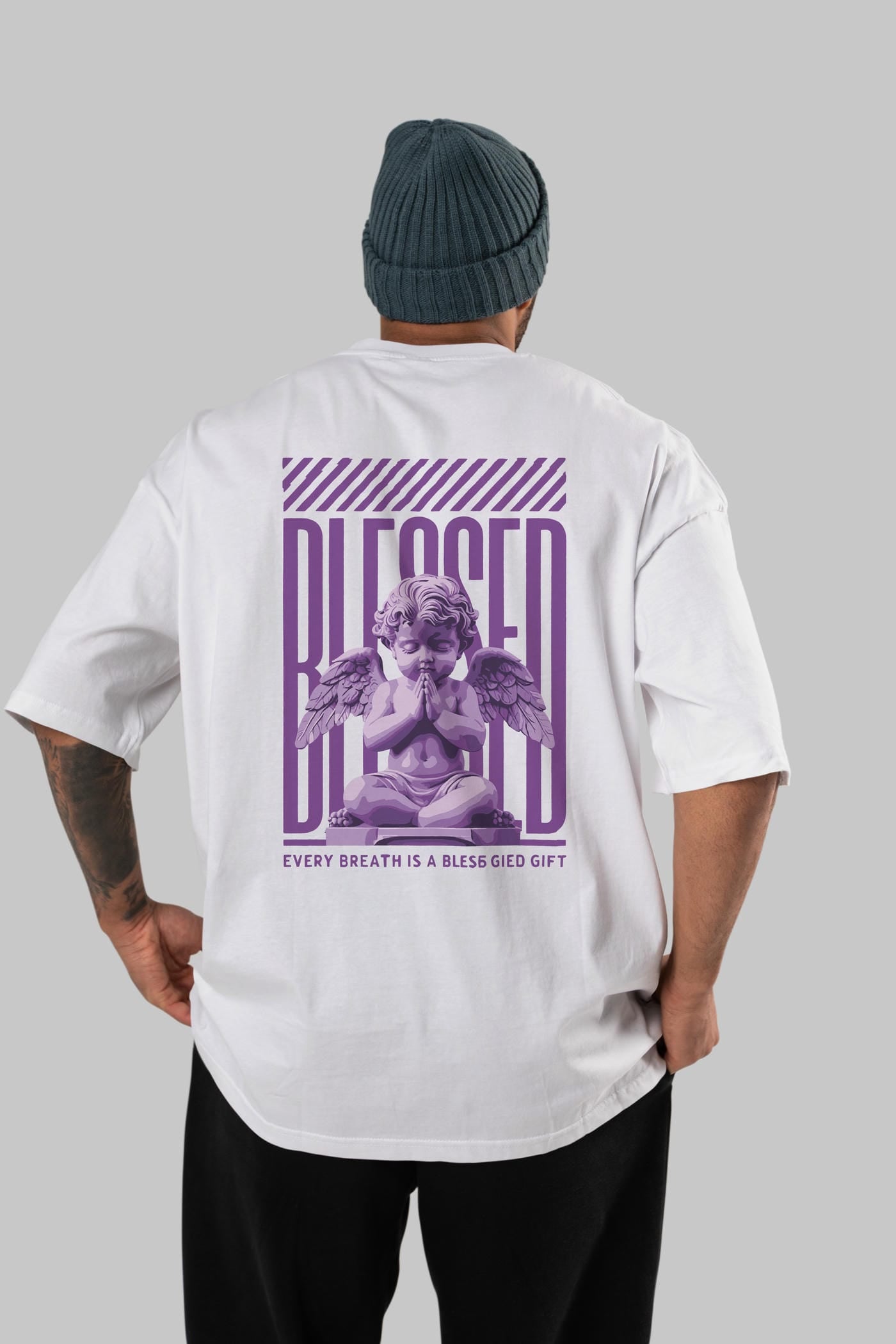 Blessed Arka Baskılı Oversize t-shirt Erkek Kadın %100 Pamuk Bisiklet Yaka tişort