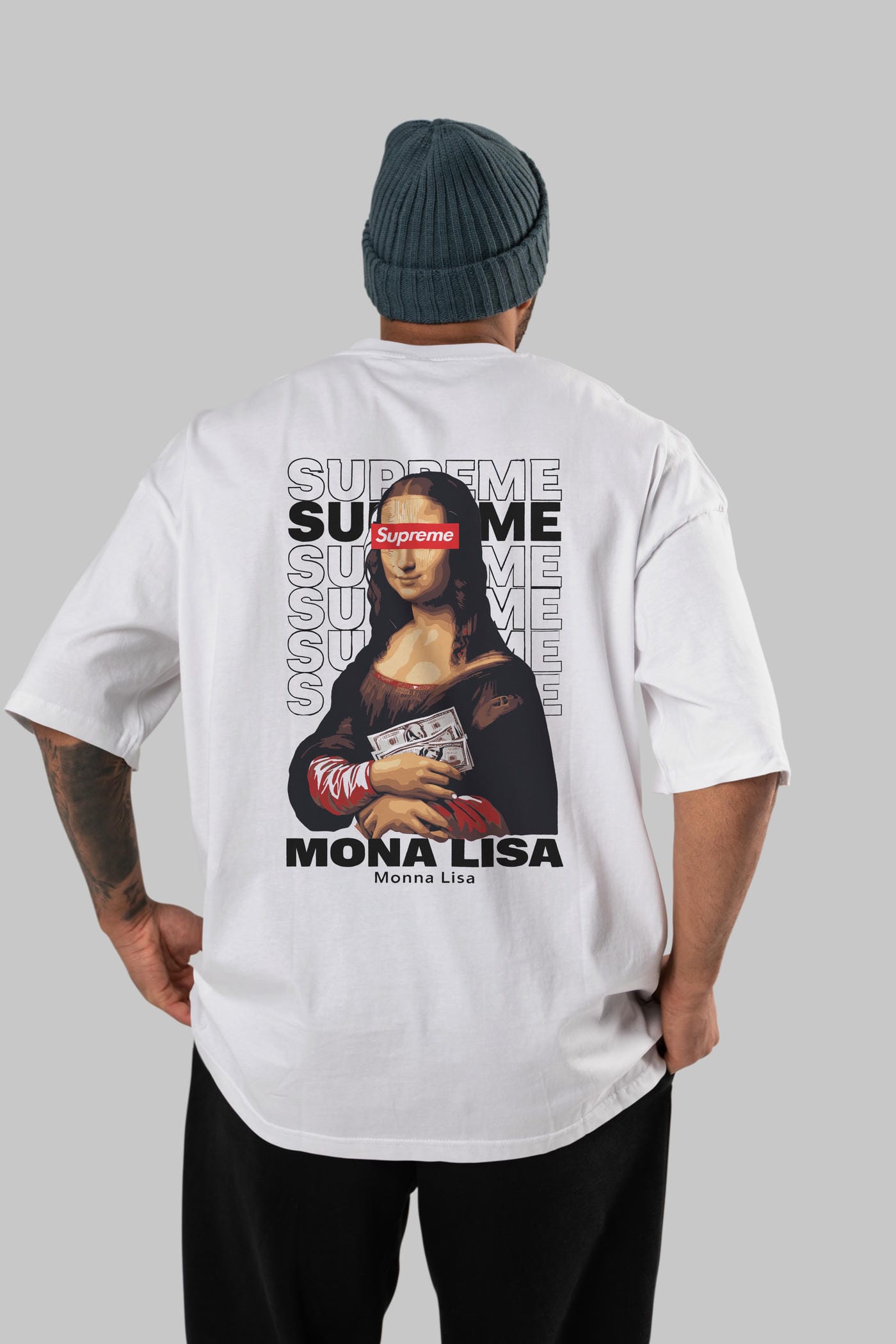 Mona Lisa Supreme Arka Baskılı Oversize t-shirt Erkek Kadın %100 Pamuk Bisiklet Yaka tişort