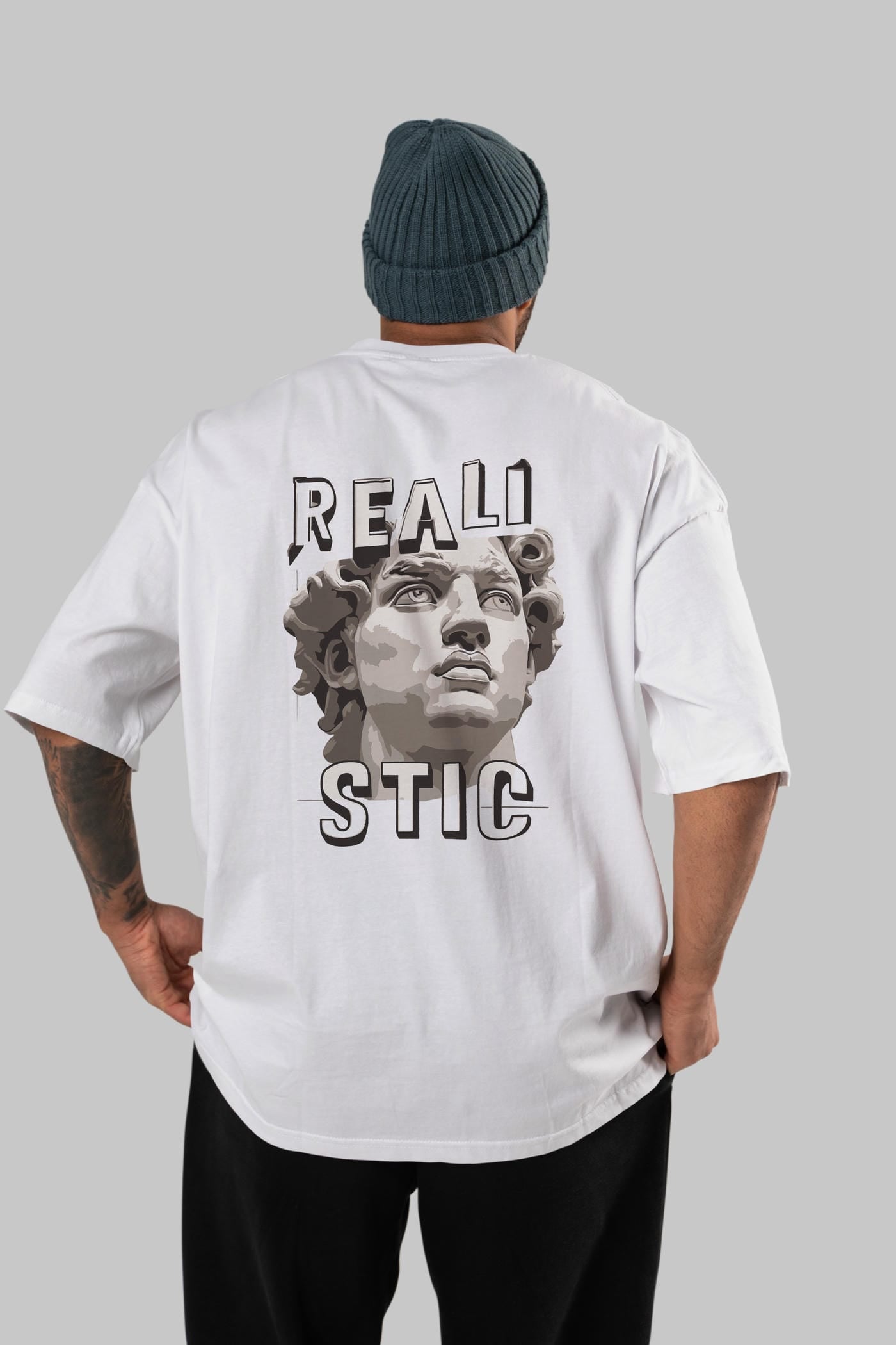 Realistic Arka Baskılı Oversize t-shirt Erkek Kadın %100 Pamuk Bisiklet Yaka tişort