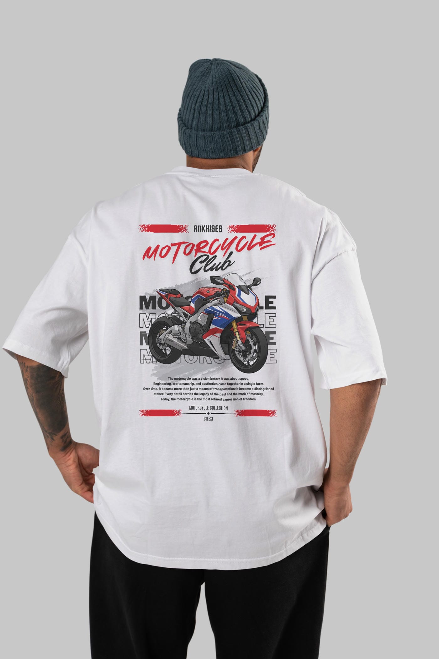 Motosiklet Serisi 4 Arka Baskılı Oversize t-shirt Erkek Kadın %100 Pamuk Bisiklet Yaka tişort