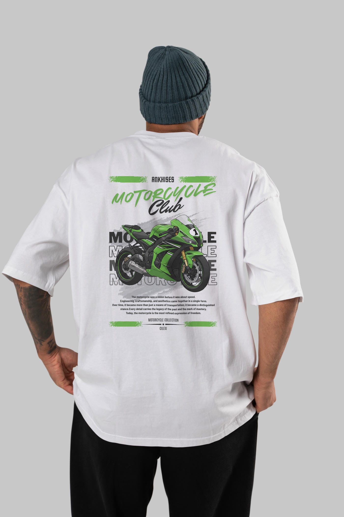Motosiklet Serisi 6 Arka Baskılı Oversize t-shirt Erkek Kadın %100 Pamuk Bisiklet Yaka tişort