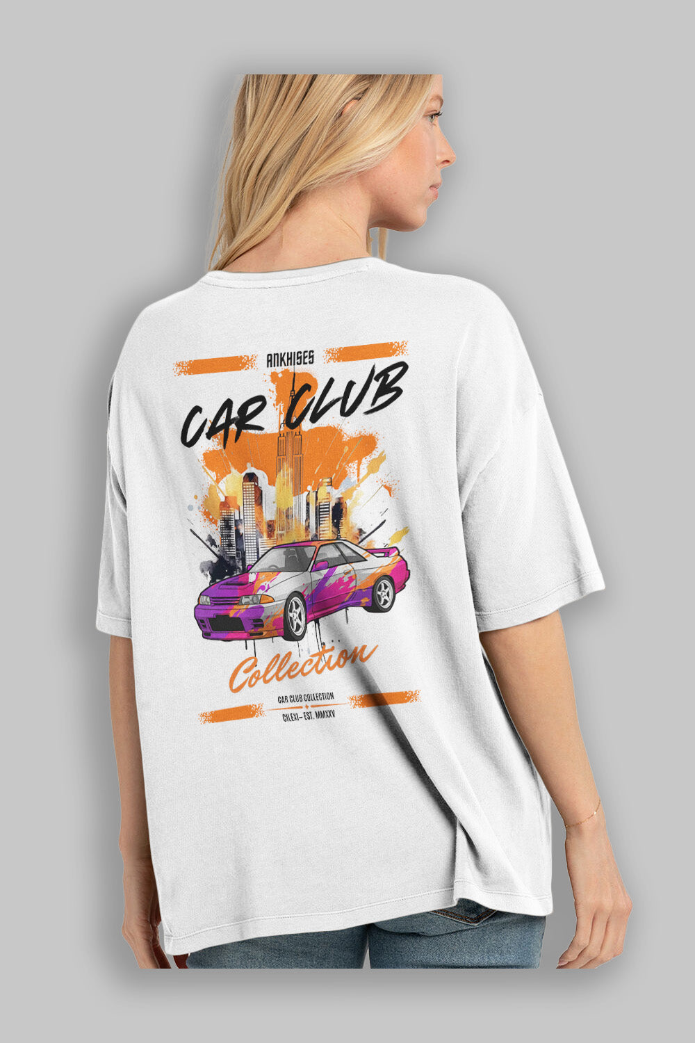 Araba Club Serisi 33 Baskılı Oversize t-shirt Erkek Kadın %100 Pamuk Bisiklet Yaka tişort