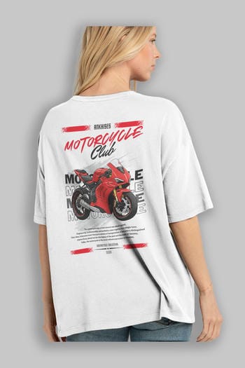 Motosiklet Serisi 7 Arka Baskılı Oversize t-shirt Erkek Kadın %100 Pamuk Bisiklet Yaka tişort