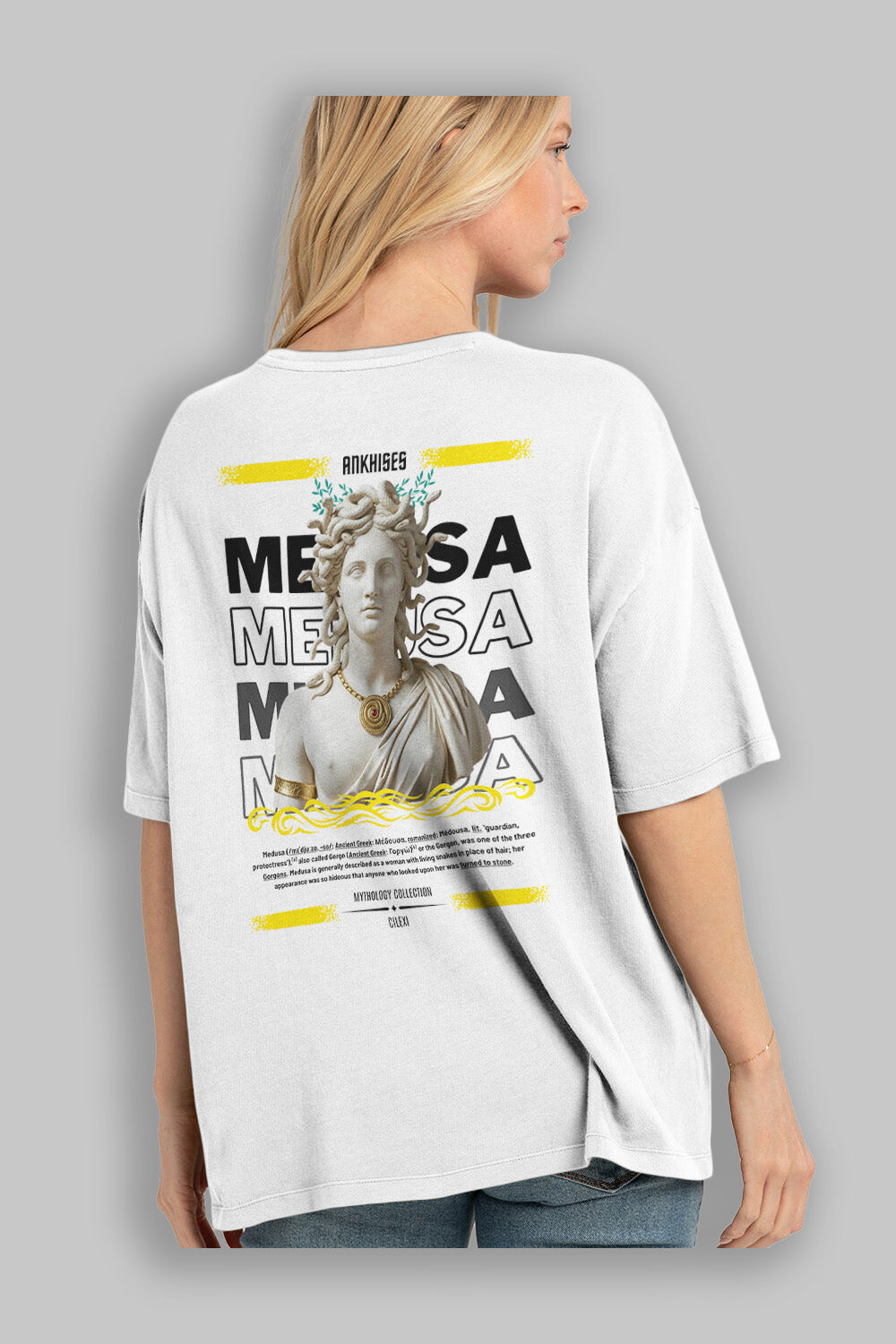 Medusa 3 Arka Baskılı Oversize t-shirt Erkek Kadın %100 Pamuk Bisiklet Yaka tişort